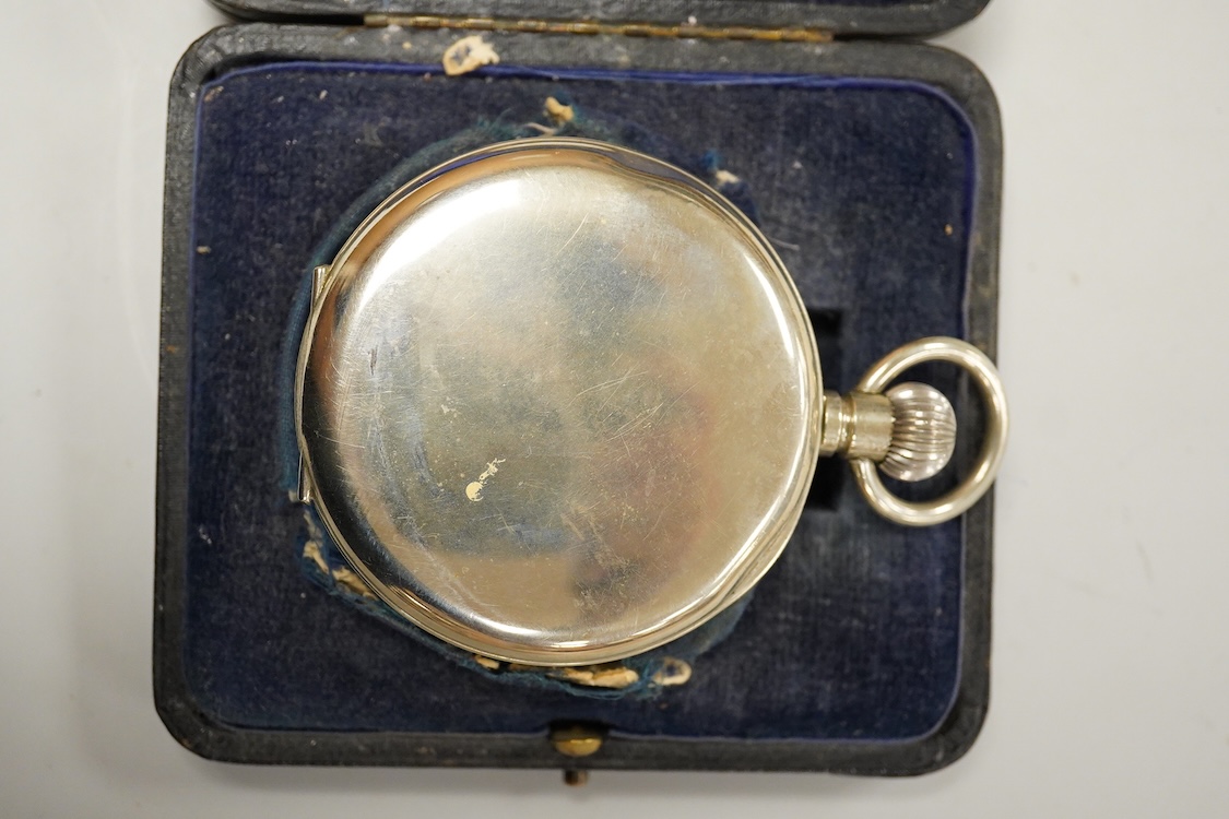 Two George V silver mounted travelling watch cases, both Birmingham, 1921, both containing chrome cased pocket watches. largest case 11.4cm.